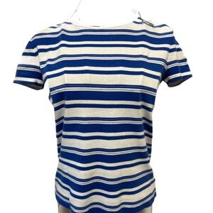 Nine West Blue and White Striped Fitted Polo Crew Neck Lace-Up Neckline Top
